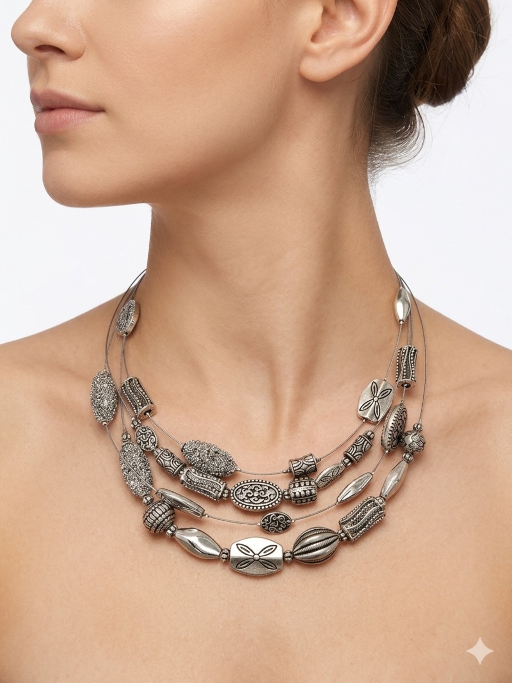 Chico’s silver toned multi strand statement necklace tribal aesthetic